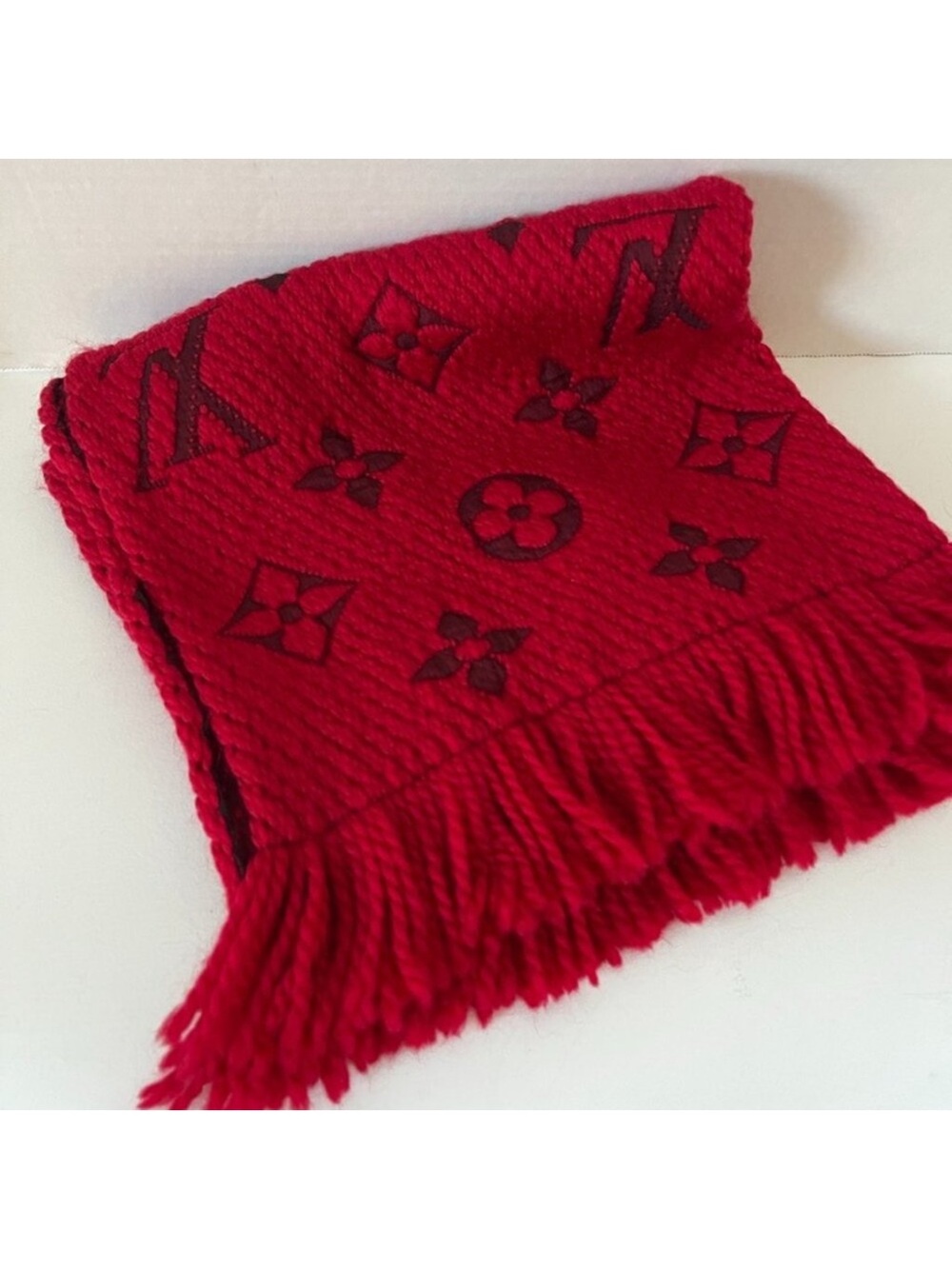 Louis Vuitton Red Monogram Fringed scarf.
